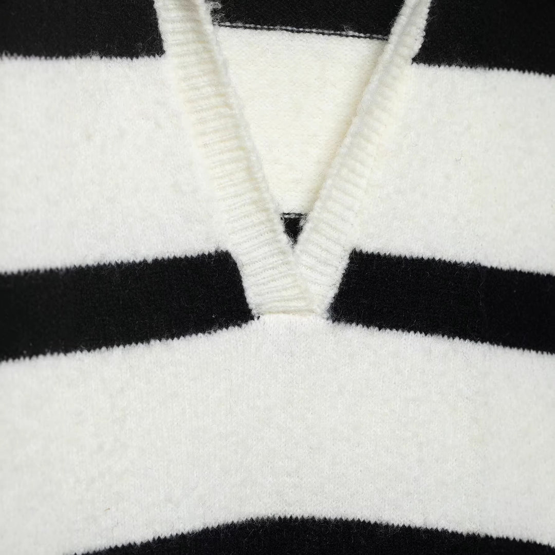 Damen Gestreifter Oversize-Pullover mit Polokragen und tiefem V-Ausschnitt Drune