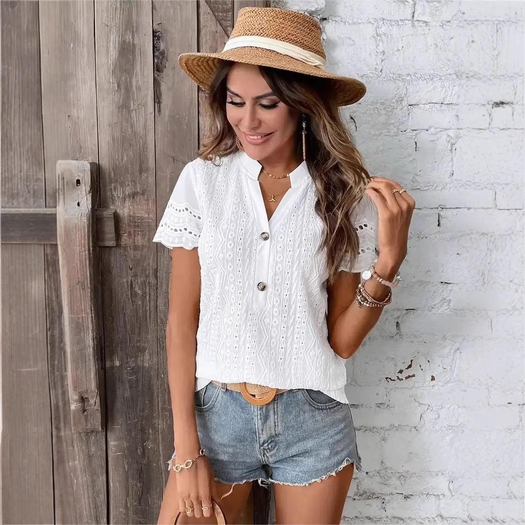 Damen elegantes Kurzarm-Bluse mit feiner Stickerei Drune