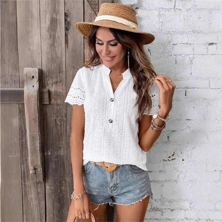 Damen elegantes Kurzarm-Bluse mit feiner Stickerei Drune