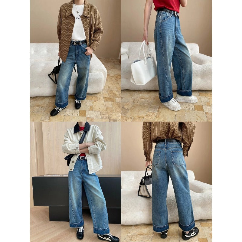 Damen lässige Jeansjacke mit kontrastierendem Kragen und geräumigen Taschen Drune