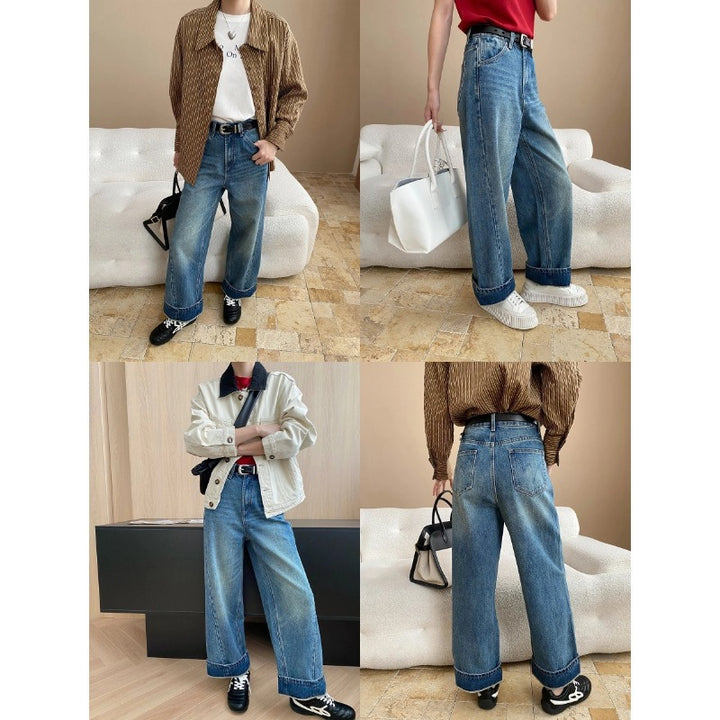 Damen lässige Jeansjacke mit kontrastierendem Kragen und geräumigen Taschen Drune