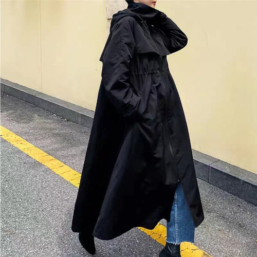Damen Langer Oversize-Dustercoat mit Cape‑Passe, Tunnelzug‑Taillierung und hohem Stehkragen Drune