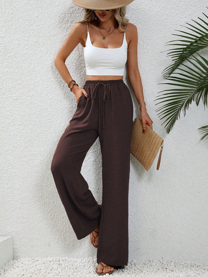Damen elegante weite Hose aus leichtem Baumwollgemisch mit Gummizug Drune