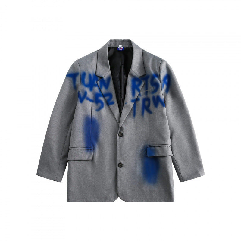Unisex Oversize-Sakko mit Graffiti‑Sprayprint, Reverskragen und Pattentaschen Drune