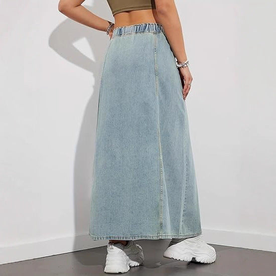 Damen Langer A-Linien Jeansrock mit elastischem Bund und Kordel Drune