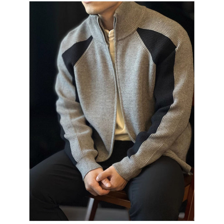 Herren Strick-Zipjacke mit Kontrastpanele, Stehkragen und markanter Rippenstruktur Drune