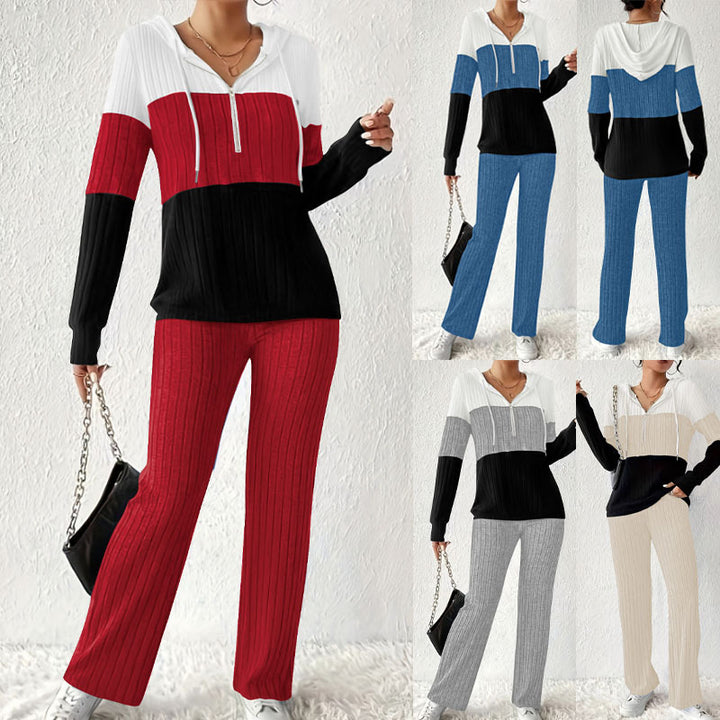 Damen Geripptes Lounge-Set mit Kapuzen-Halfzip und weitem Palazzo-Strickhose Drune