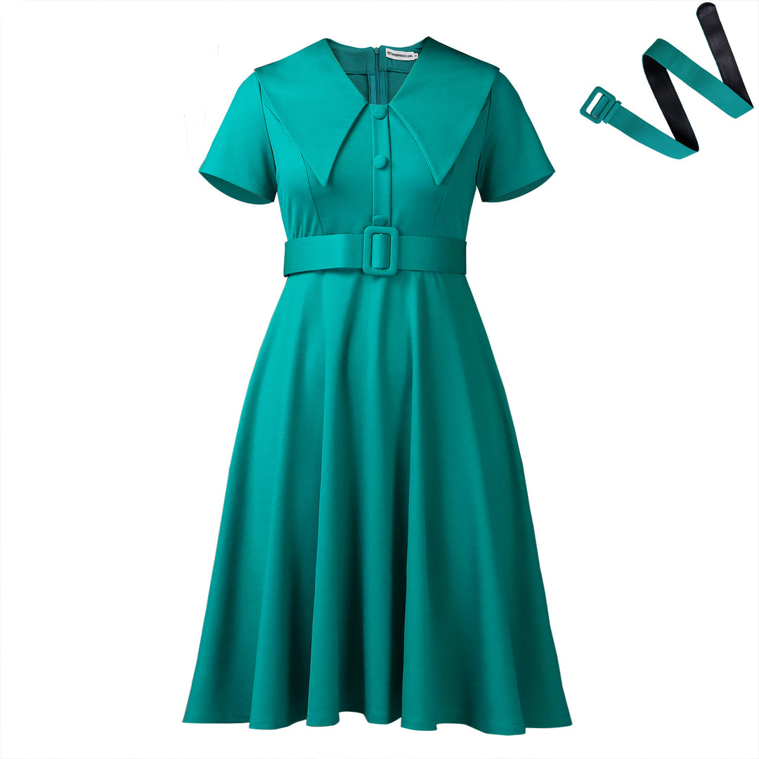 Damen A-Linien Kleid mit elegantem Kragen und Bindegürtel Drune