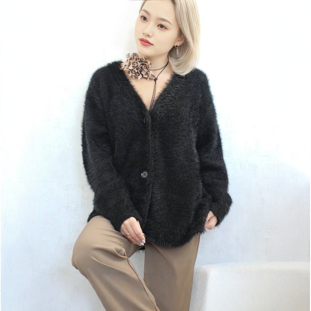 Damen Flauschige Mohair-Optik Strickjacke mit V-Ausschnitt und Oversize-Schnitt Drune