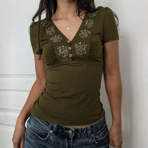 Damen T-Shirt mit floralem Stickmuster und Knopfleiste Drune