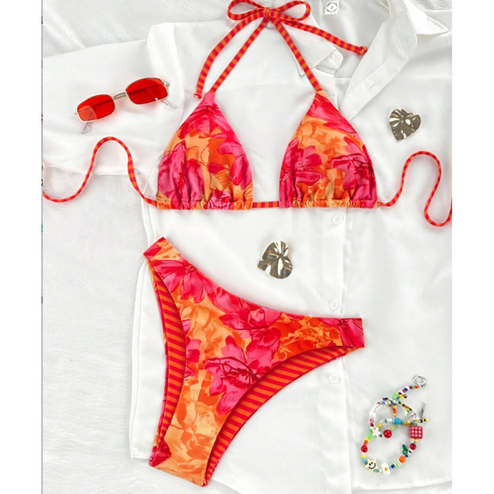 Damen Triangel-Bikini mit gewagtem Blütenmuster und verstellbaren Trägern Drune