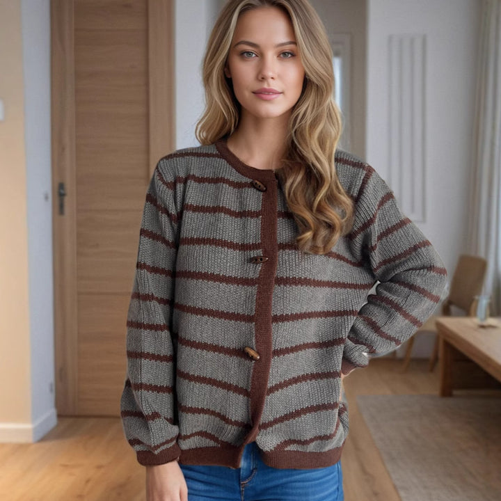 Damen lässiger Strickcardigan mit eleganten Holzknopfdetails und stilvollem Streifenmuster Drune