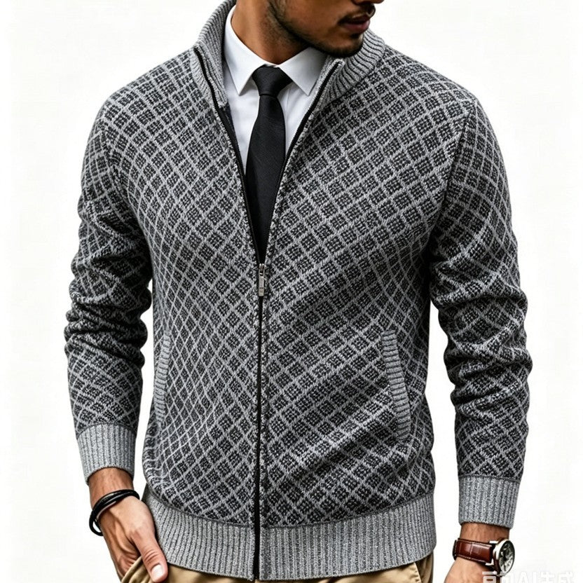 Herren Strukturierte Strickjacke mit Stehkragen und Diamant-Jacquard Drune