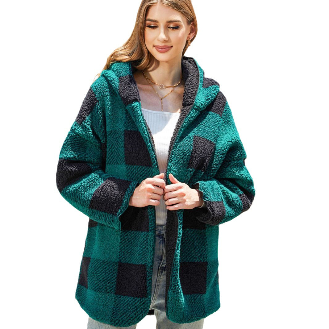Damen Oversized Fleecejacke mit Kapuze und Karomuster Drune