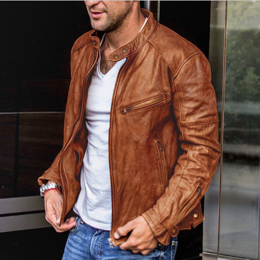 Herren Biker-Lederjacke aus gewaschenem Vollleder mit Stehkragen Drune
