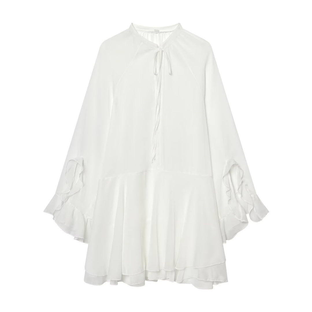 Damen Fließendes Chiffon-Minikleid mit Rüschenärmeln und Schluppe Drune