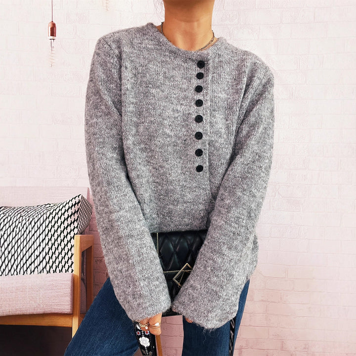 Damen verspielter Strickpullover mit seitlichem Knoten und Knopfdetail Drune