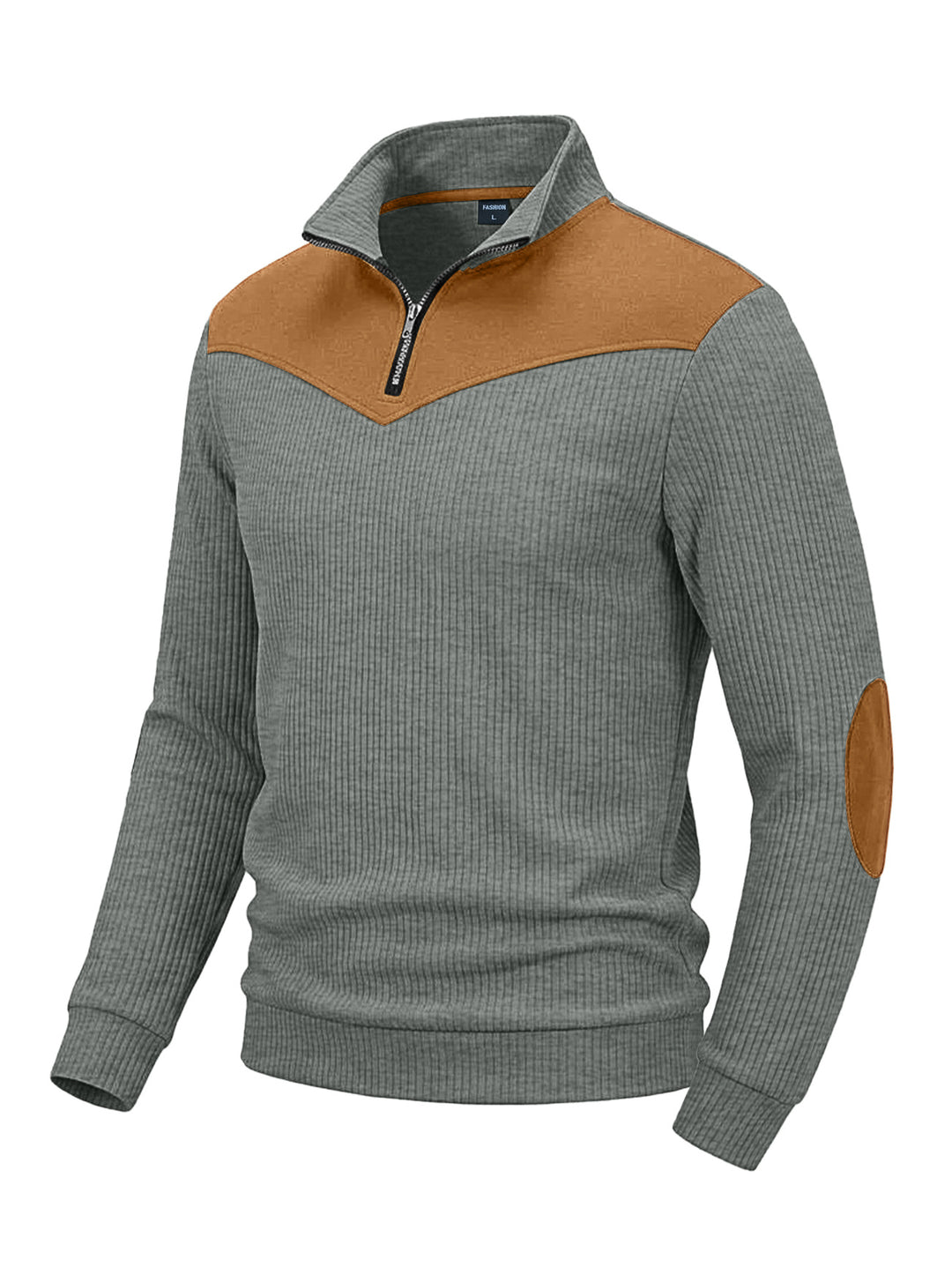 Herren Strickpullover mit Troyerkragen, Rippenstruktur und Ellbogen-Patches Drune