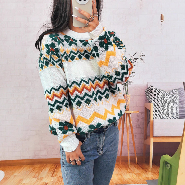 Damen Grobstrickpullover mit buntem geometrischen Muster Drune