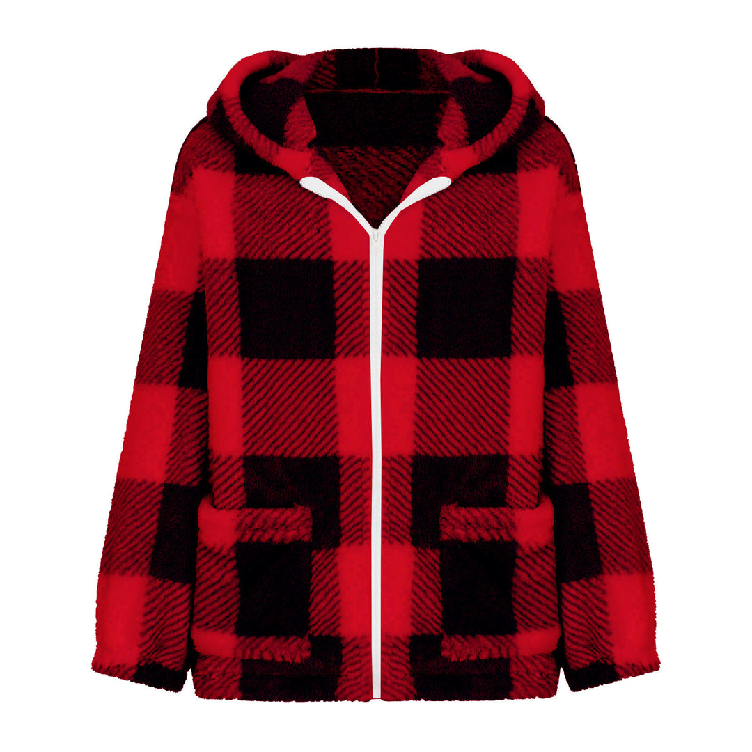 Damen nan dicke Karo-Teddyjacke mit Kapuze, Frontreißverschluss und aufgesetzten Taschen Drune