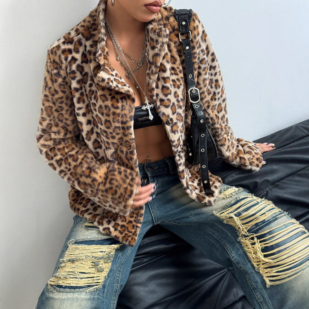 Damen elegante Leopardenmuster Blazerjacke Drune