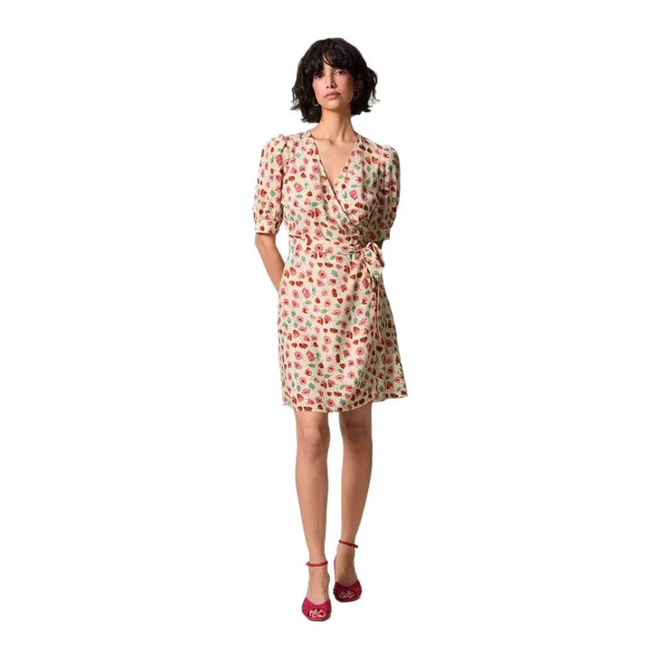 Damen Wickelkleid mit charmantem Blumenmuster und femininen Puffärmeln Drune