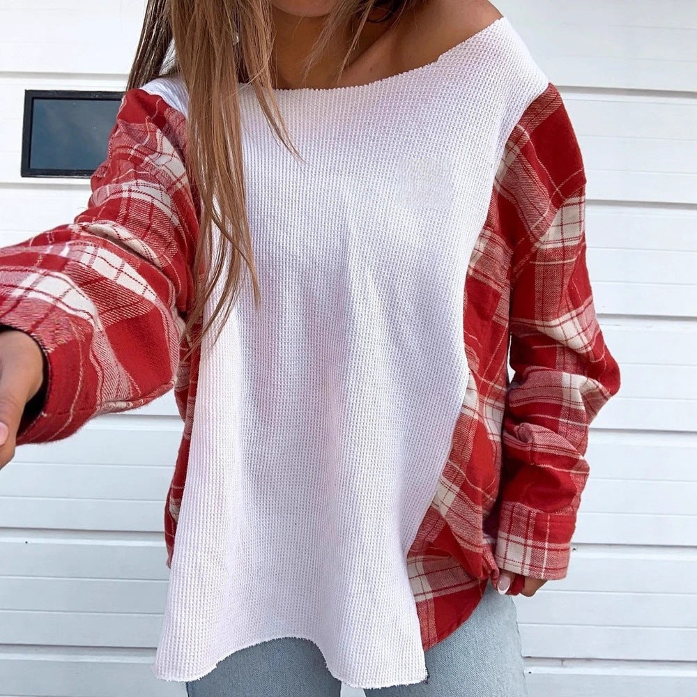 Damen nan Oversize Langarmshirt im Materialmix mit strukturierter Waffelstrick-Front und karierter Ärmelpartie Drune