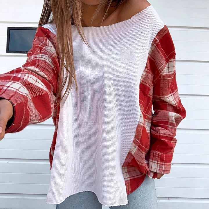 Damen nan Oversize Langarmshirt im Materialmix mit strukturierter Waffelstrick-Front und karierter Ärmelpartie Drune
