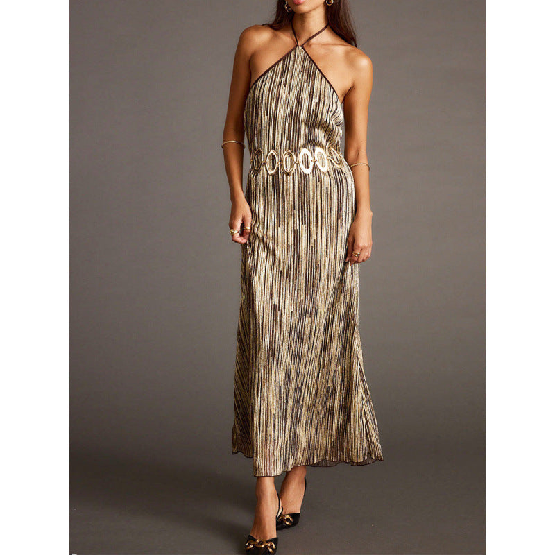 Damen Elegantes Maxikleid mit schimmerndem Streifenmuster und Rückenbindeband Drune
