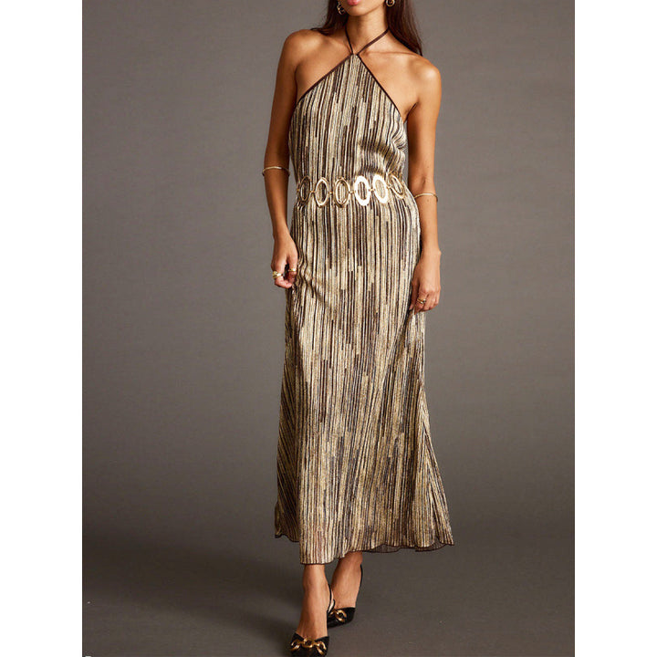 Damen Elegantes Maxikleid mit schimmerndem Streifenmuster und Rückenbindeband Drune