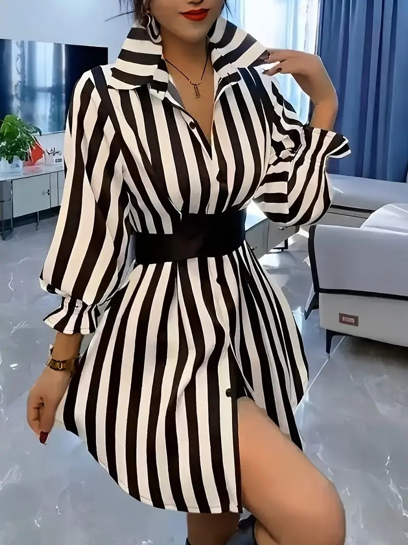 Damen Hemdblusenkleid mit markantem Streifenmuster und weitem Kragen Drune