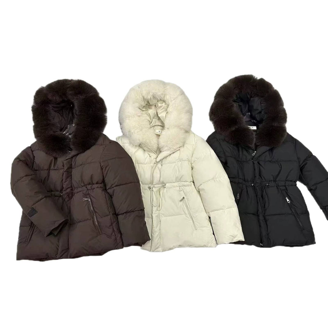 Damen nan kurze wattierte Steppjacke mit Kordelzugtaillierung und voluminösem Fellkragen Drune