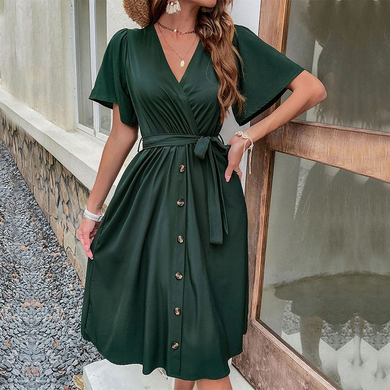 Damen Midi-Kleid mit eleganter Wickeloptik und praktischen Knopfdetails Drune