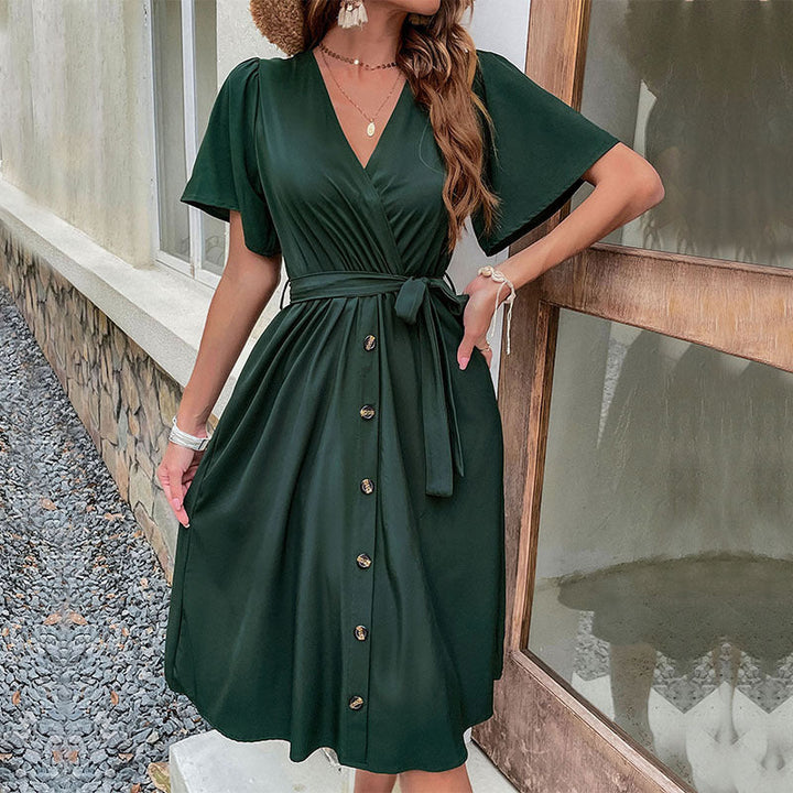 Damen Midi-Kleid mit eleganter Wickeloptik und praktischen Knopfdetails Drune