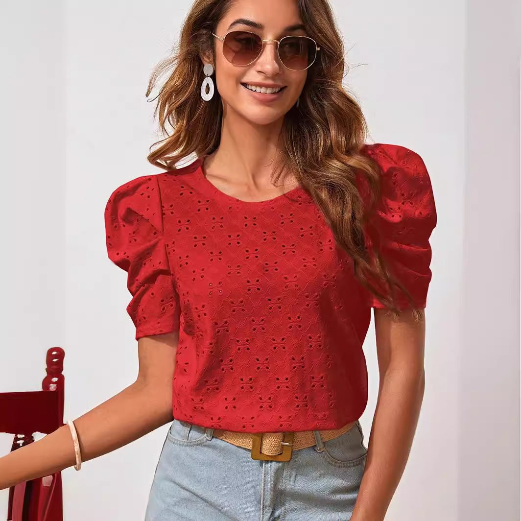 Damen Chic Kurzarmbluse mit Puffärmeln und Lochmuster Drune