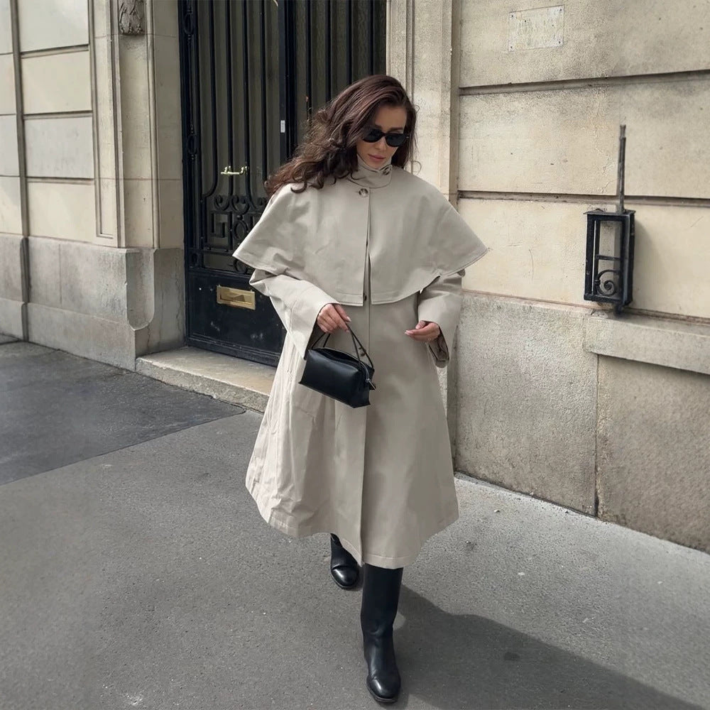 Damen Oversize-Trenchcoat mit Cape-Detail und hohem Stehkragen Drune