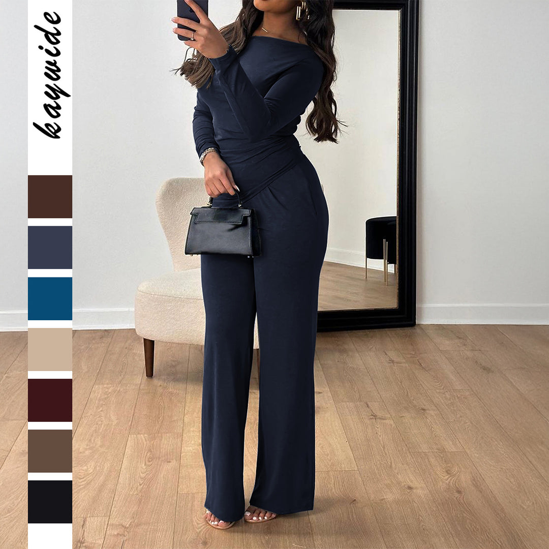Damen nan zweiteiliges Jersey-Set mit asymmetrischer Wickeloptik, Langarmtop und weiter High‑Waist‑Hose Drune