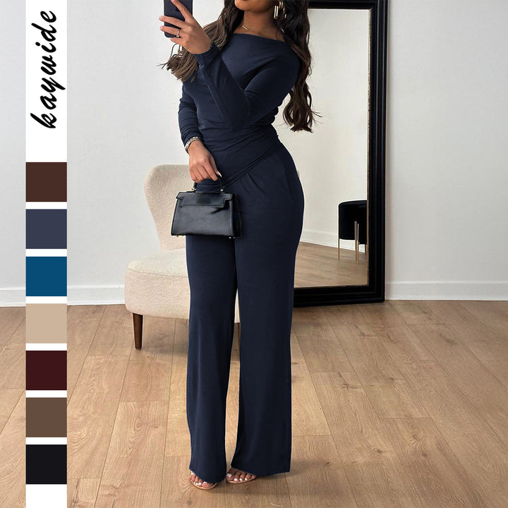 Damen nan zweiteiliges Jersey-Set mit asymmetrischer Wickeloptik, Langarmtop und weiter High‑Waist‑Hose Drune