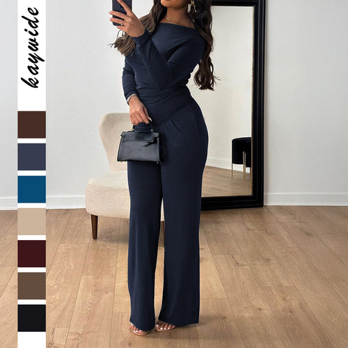 Damen nan zweiteiliges Jersey-Set mit asymmetrischer Wickeloptik, Langarmtop und weiter High‑Waist‑Hose Drune