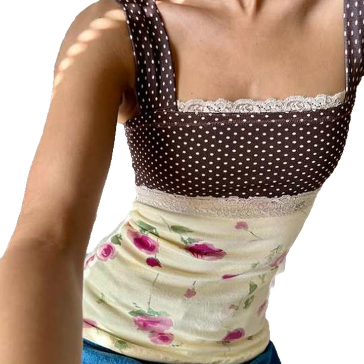 Damen Verspieltes Blütenmuster Top mit Punkten und Raffinierter Schleifenbindung Drune