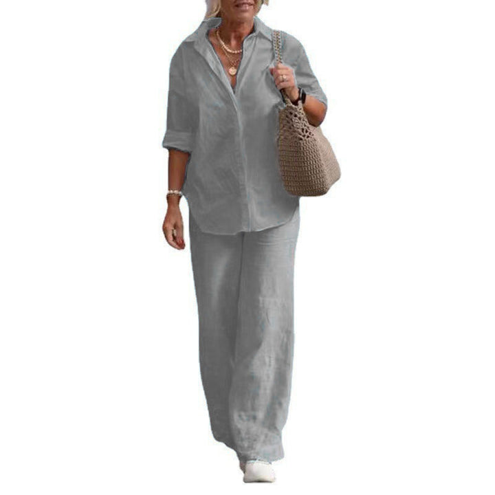Damen Leichtes Leinen-Optik Zweiteiler mit Oversize-Hemd und weiter Palazzohose Drune