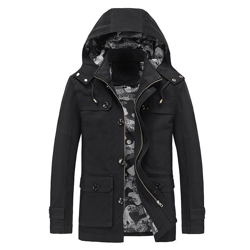 Herren mittellange Canvas-Fieldjacke mit Kapuze, Cargo‑Taschen und Camouflage‑Innenfutter Drune