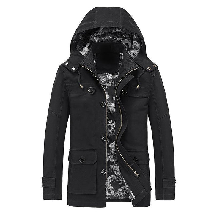 Herren mittellange Canvas-Fieldjacke mit Kapuze, Cargo‑Taschen und Camouflage‑Innenfutter Drune