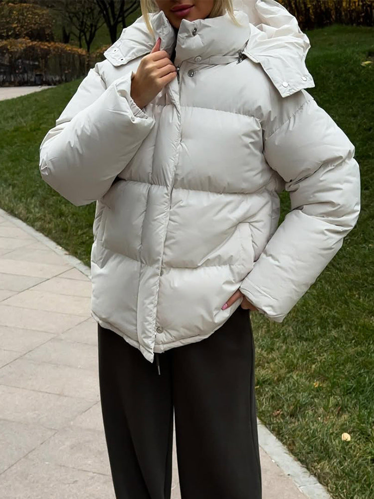 Damen Kurze winddichte Stepp‑Pufferjacke mit abnehmbarer Kapuze und hohem Stehkragen Drune