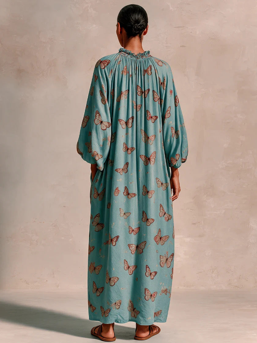 Damen Maxikleid im Boho-Caftan-Stil mit Schmetterlingsprint und geraffter Empire‑Taillen Drune