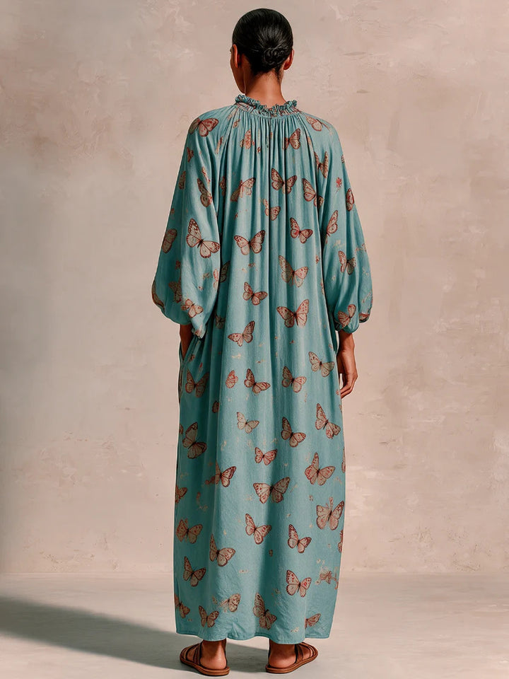 Damen Maxikleid im Boho-Caftan-Stil mit Schmetterlingsprint und geraffter Empire‑Taillen Drune