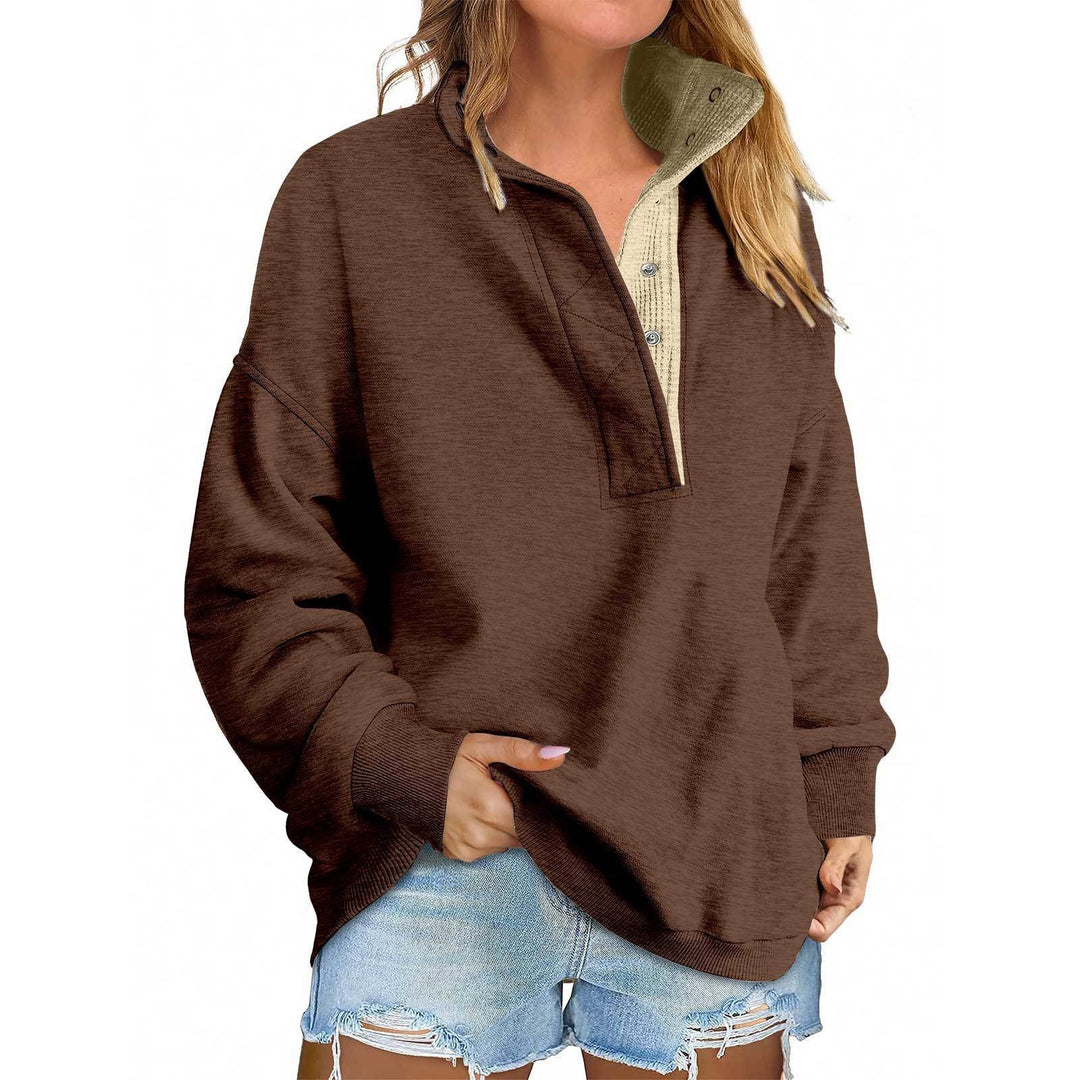 Damen Oversize-Henley-Sweatshirt mit Stehkragen und Druckknopfleiste Drune