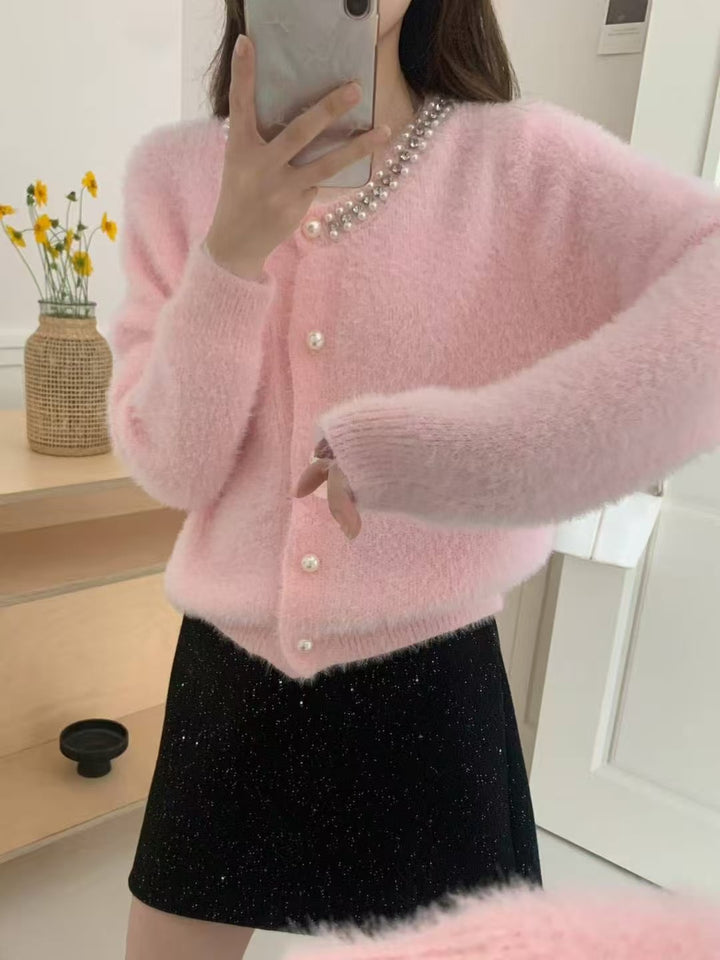 Damen Kuschelige Cardigan mit Perlen-Dekor Drune