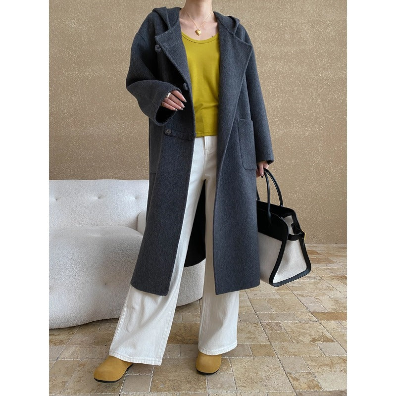Damen eleganter Wollmantel mit Kapuze und praktischen Taschen Drune