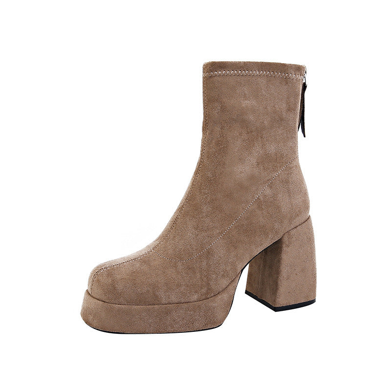 Damen Plateau‑AnklDruneoots aus Veloursleder mit hohem Blockabsatz Drune